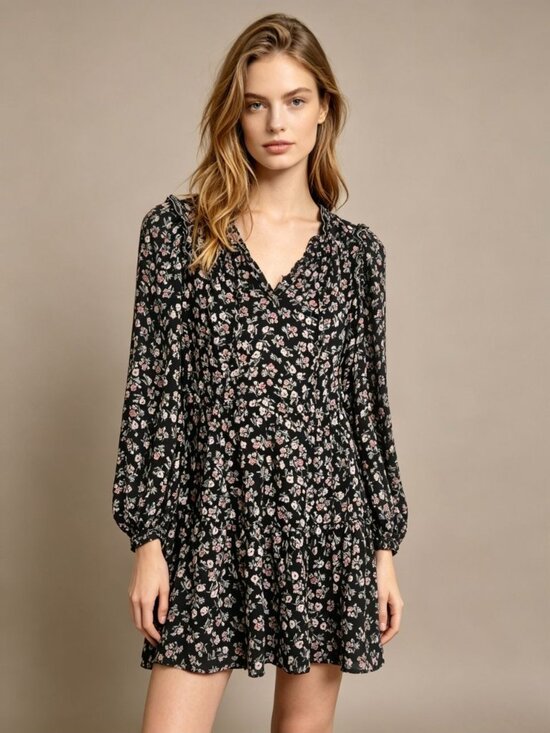 Max Studio Dresses & Skirts - Max Studio Black V Neck Balloon Sleeve Floral Bohemian Casual Mini Dress